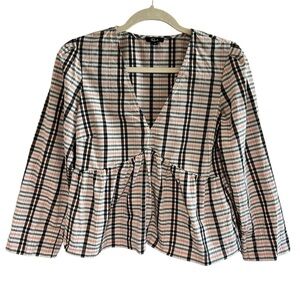Rails Noella Plaid Stockholm Check Gingham Blouse Babydoll V-Neck Peplum Top XS